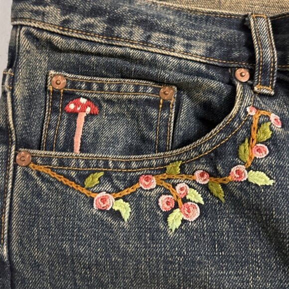 Gap Vintage 2002 Boot Cut Jeans Embroidery Flowers Mushroom Button Fly Size 14R - Picture 9 of 16